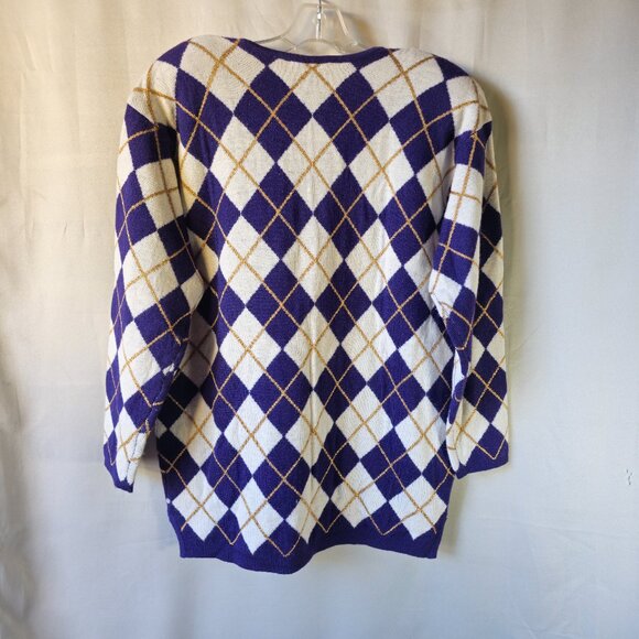 Dana Buchman Purple/Cream/Gold Wool Argyle V-neck Sweater Medium - Picture 2 of 9